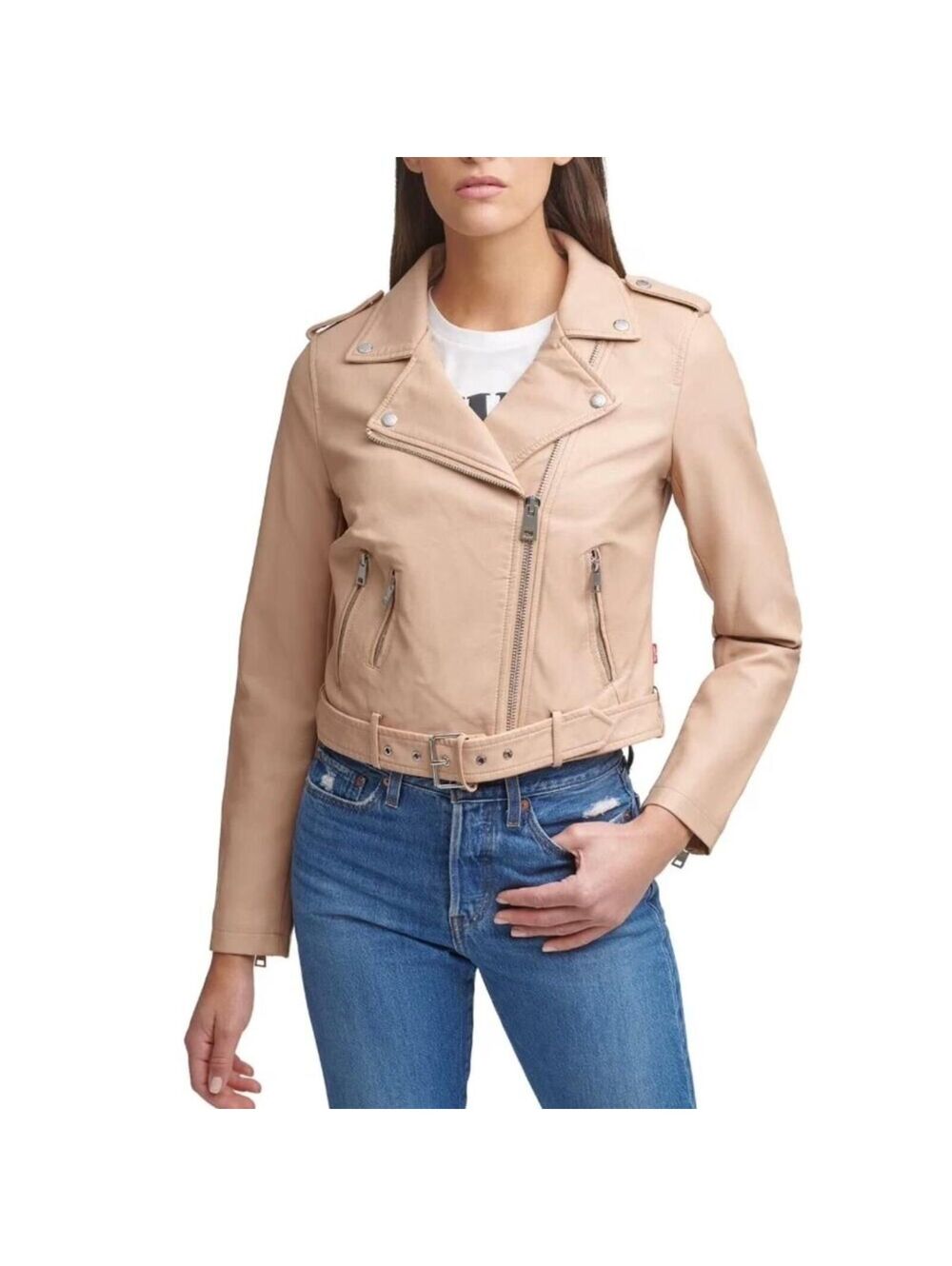 Levis Beige Moto Jacket Faux Leather Womens Large Belted Essential